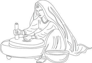 Old Indian Flour Machine vector, Indian Flour Machine calling Chakki sketch drawing, Indian woman working on flour machine - obrazy, fototapety, plakaty