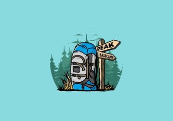 Mountain bag beside the way sign illustration