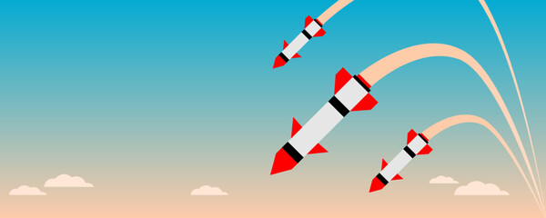 Obraz premium Missile rocket warhead launch frying air strikes in war with evening twilight sky background banner icon flat vector design.