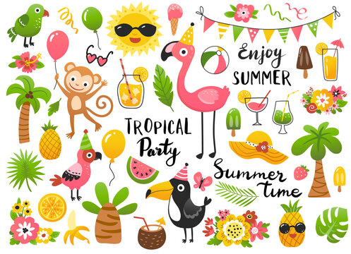 Summer party set, tropical clipart design elements with flamingo, monkey, toucan and palm trees . Hand drawn vector illustration.