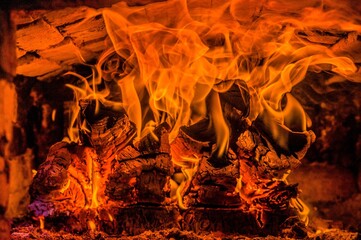 A few birch logs burning in the fireplace