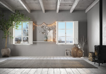 Empty room with white wooden windows. Parquet style floor with wooden shelves and detail of wooden beams on the ceiling. All in white and gray colors. Basic decoration with a rug and a classic style f