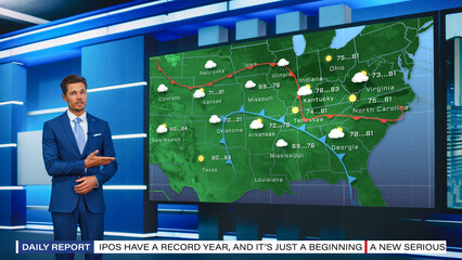 TV Weather Forecast Program: Professional Television Host Reviewing Weather Report in Newsroom...