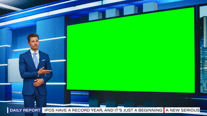 Talk Show TV Program: Handsome White Male Presenter Standing in Newsroom Studio, Uses Big Green...