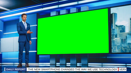 Talk Show TV Program: Handsome White Male Presenter Standing in Newsroom Studio, Uses Big Green...