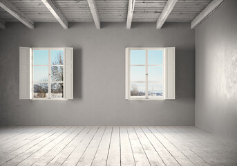 Empty room with white wooden windows. Parquet style floor with wooden shelves and detail of wooden beams on the ceiling. All in white and gray colors