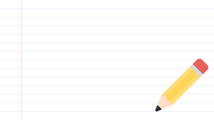 Cute yellow pencil on lined paper presentation background. Back to school concept. Flat vector illustration.