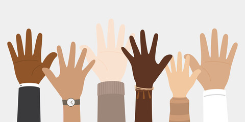 Fototapeta premium Flat vector illustration of people with different skin colors raising their hands. Unity concept.