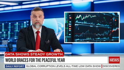 Split Screen TV News Live Report: Anchorman Talks. Reportage Montage: Male Newscaster Reports Good News For The Market. Experts Make Positive Forecast. Television Program On Cable Channel Concept. © Gorodenkoff
