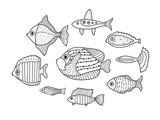 Fish. Coloring. Set. Cute line illustration.