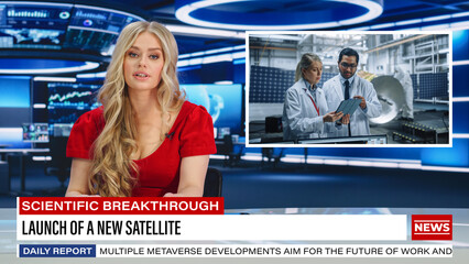 Split Screen TV News Live Report: Anchorwoman Talks. Reportage Montage: Scientists Achieved Great...