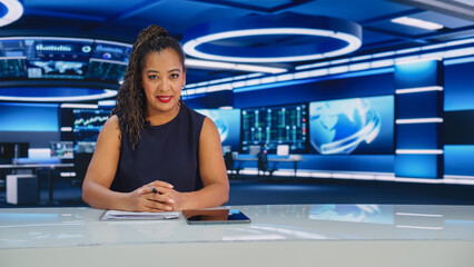 TV Live News Program: Professional Female Presenter Reporting on Current Events. Television Cable Channel Anchorwoman Talks Confidently. Mock-up Network Broadcasting in Newsroom Studio. - obrazy, fototapety, plakaty