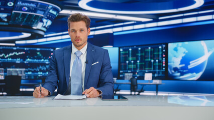 Beginning Evening News TV Program: Anchor Presenter Reporting on Business, Economy, Science,...