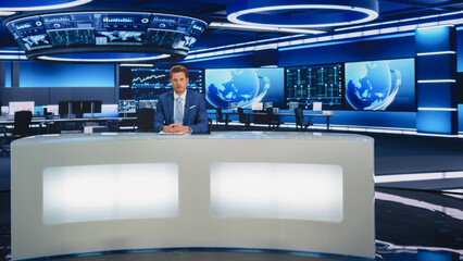 Beginning Evening News TV Program: Anchor Presenter Reporting on Business, Economy, Science, Politics. Television Cable Channel Anchorman Talks. Broadcast Network Newsroom Studio. - obrazy, fototapety, plakaty