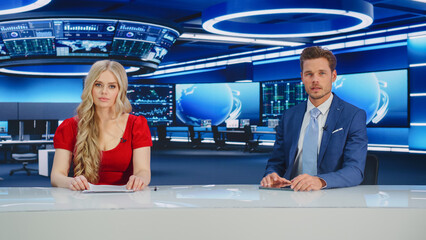 TV Live News Program: Two Presenters Reporting, Discuss Daily Events, Business, Economy, Science,...