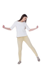 Portrait of beautiful young woman wearing casual clothing on white background