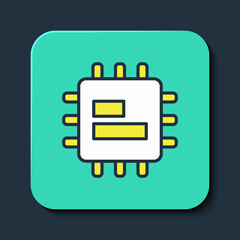 Filled outline Computer processor with microcircuits CPU icon isolated on blue background. Chip or cpu with circuit board. Micro processor. Turquoise square button. Vector