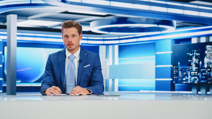 TV Live News Program: White Male Presenter Reporting On the Events, Science, Politics, Economy....