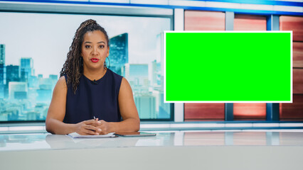 TV Studio Live News Program: Black Female Presenter Reporting, Green Screen Chroma Key Screen....