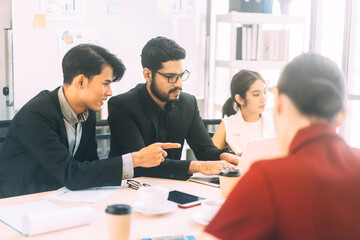 Business man with beard ceo look sitting and discussion strategy with team in boardroom