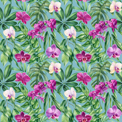 Tropical leaves, orchid flowers. Watercolor botanical painting. Seamless pattern