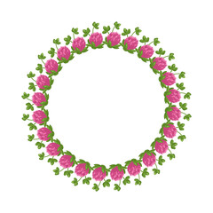 Wreath of pink clover flowers. Round frame, cute bright plant with shamrock leaves. Festive decorations for wedding, holiday, postcard, poster and design. Vector flat illustration