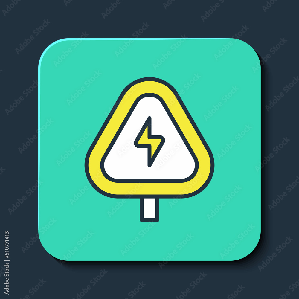 Poster filled outline high voltage sign icon isolated on blue background. danger symbol. arrow in triangle.
