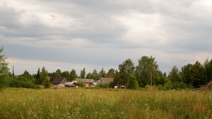 Beautiful rustic summer landscape. Old wooden log houses. Vologda region