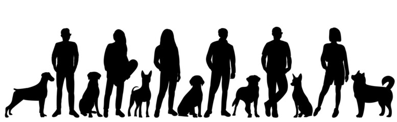 dogs and people silhouette on white background, isolated, vector