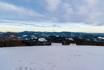 View from Cieslar hill in winter Beskid Slaski mountains on polish - czech borders