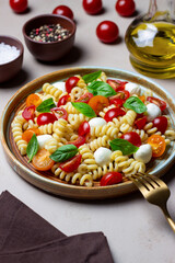 Fusilli pasta with mozzarella, tomatoes and basil. Italian food. Healthy eating. Vegetarian food.