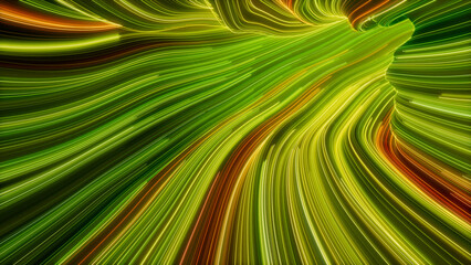 Green, Yellow and Orange Colored Stripes form Wavy Neon Tunnel. 3D Render.