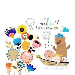 Cartoon Friends floating on the Boat on the Magic Lake