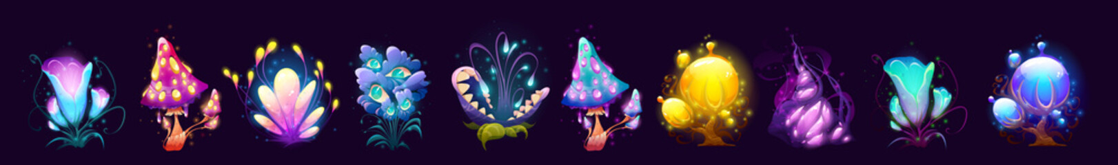 Fototapeta Fantasy mushrooms, flowers and trees, alien planet or magic game plants isolated set. Unusual nature flora or fauna assets, strange fairy tale or extraterrestrial elements, Cartoon vector illustration obraz
