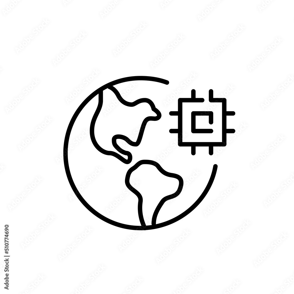 Poster global digitalisation process. earth with cpu chip. pixel perfect, editable stroke line icon