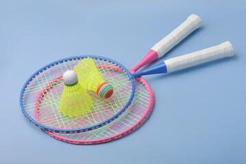 Pair of badminton rackets and shuttlecocks