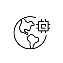 Global digitalisation process. Earth with CPU chip. Pixel perfect, editable stroke line icon