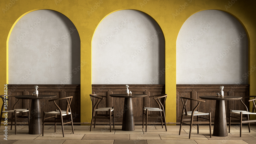 Wall mural Interior with yellow arcs, dinner tables and wall panel. 3d render illustration mockup.