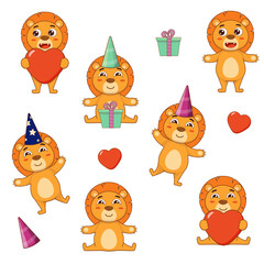 Set of cartoon lions. Celebration, birthday. Lion with heart. Vector illustration