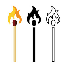 Set of burning matches. Three matches in different styles: cartoon color, black silhouette, black outline. Vector illustration isolated on a white background for design and web.