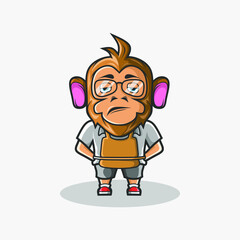 Obraz premium Cute coffee barista monkey character illustration. Simple animal vector design. Isolated with soft background.
