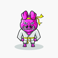 Cute karate pig pork character illustration. Simple animal vector design. 