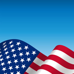 Concept of the Fourth of July independence day with flying American flag over blue background.