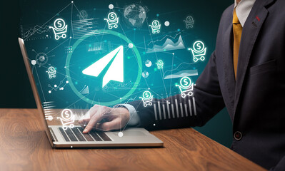 Business hand working on laptop, successful business concept