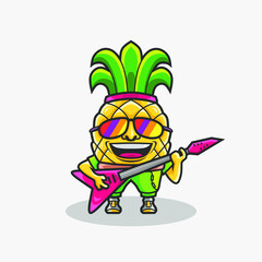 Cute guitarist music pinaeapple fruit character illustration. Simple fruit vector design.