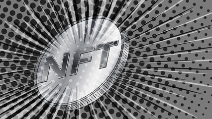 NFT non fungible token coin styled for the 80s retro in gray color. Pay for unique collectibles in games or art. Header or banner for news.