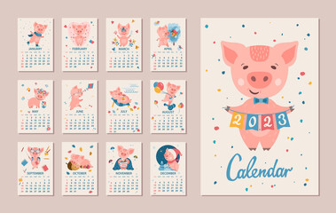 Monthly Calendar 2023 Year. Cute cartoon Pig in different situations. Week starts on sunday. Vector illustration