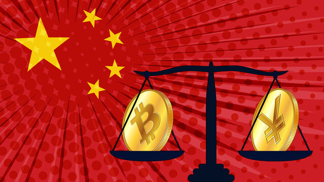 Gold coin of Bitcoin BTC and chinese currency Yuan CNY on scales with colored flag of China on background. Central Bank of China adopts laws on digital assets CBDC.