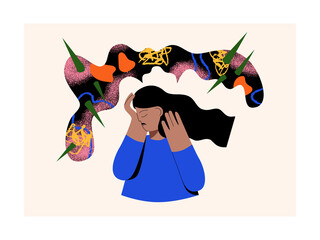 Obsessive-compulsive disorder and anxiety disorder. Despair in women who experience stress and nervousness. The girl suffers from mental stress. The woman suffers from a brain disorder. Vector 