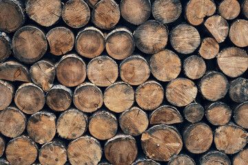 Wall of stacked old wooden logs